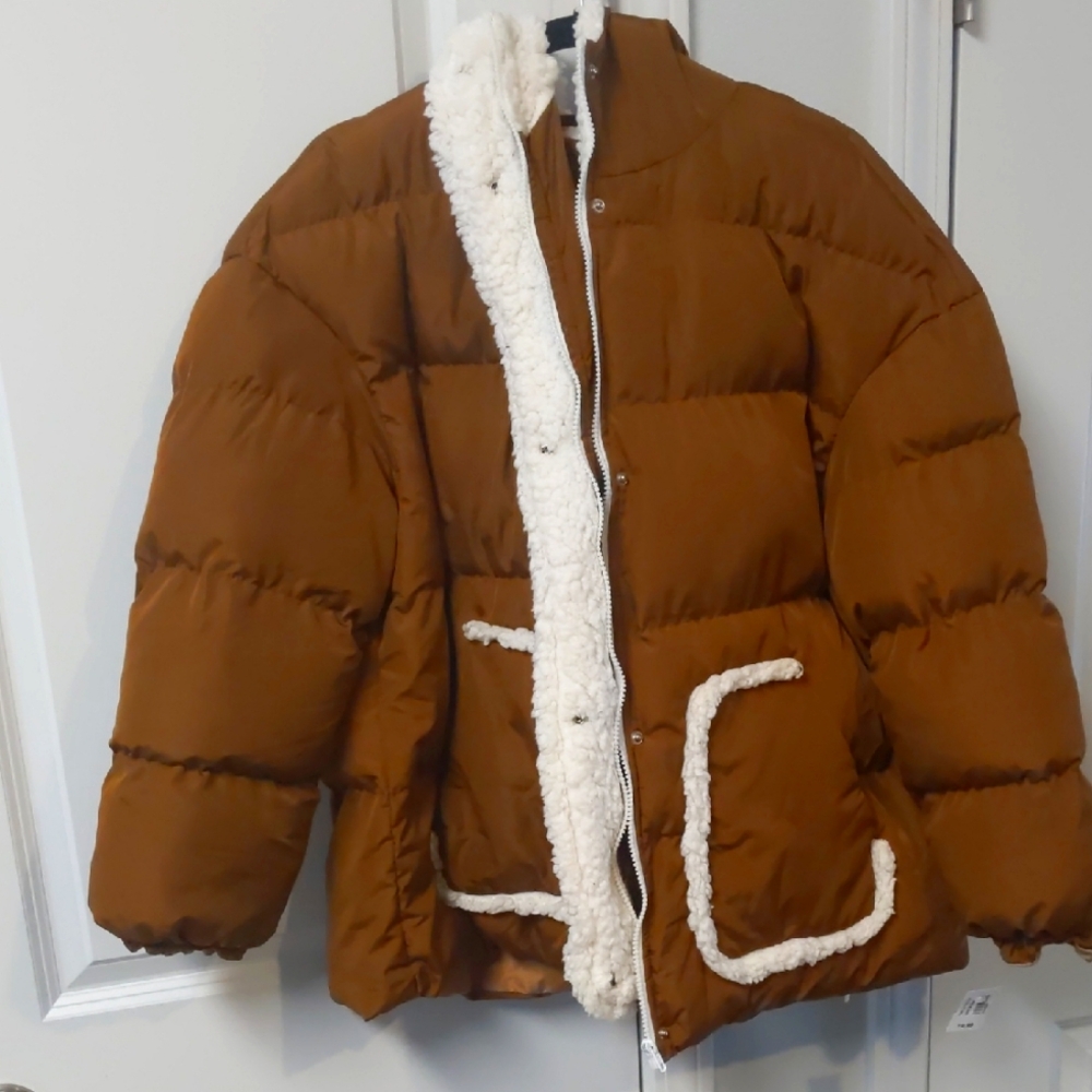Brown Puffer Jacket with White Trim Emery Rose